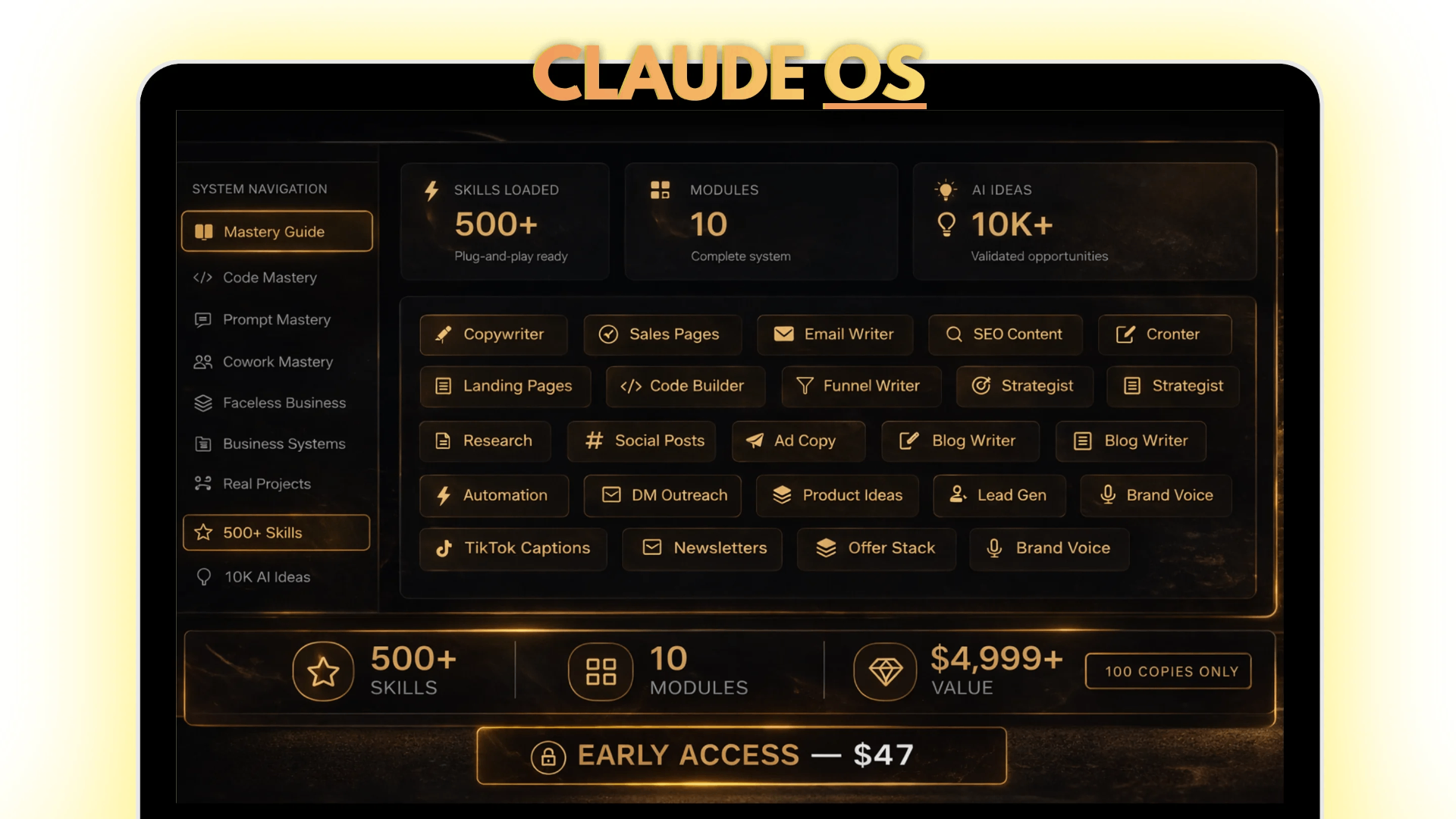 Claude OS dashboard preview showing 500+ skills, 10 modules and 10K+ AI ideas